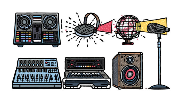 Dj Equipment Illustration: A colorful illustration showcases essential DJ equipment, including turntables, a mixer, a laptop, a microphone, a speaker, and headphones, all set against a clean backdrop.