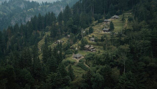 Aerial view of hamlet hanging in a lush forest mountain environment