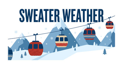 Sweater Weather Skyway: A charming winter scene unfolds with cable cars adorned with knitted patterns, traversing over snow-covered mountains. The phrase Sweater Weather captures the cozy. © Abu
