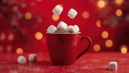 Obraz premium Bright red background featuring warm cocoa cup with marshmallows for winter festivities