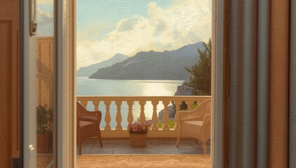 Obraz premium Artistic oil depiction of a balcony terrace with a tranquil water landscape