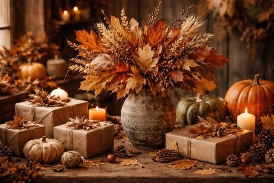 Dry leaf centerpiece in a rustic autumn gift corner with natural fall colors