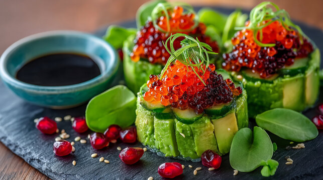 Gourmet avocado and salmon roe appetizer bites with soy sauce dip appetizer culinary