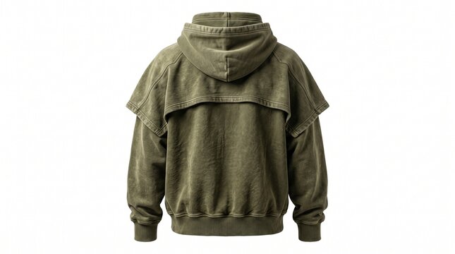 A premium 3D standalone blank modest hoodie for hijabers in faded olive green, back view. Features an innovative technical shoulder-cape overlay, heavy washed grunge texture, and boxy silhouette.