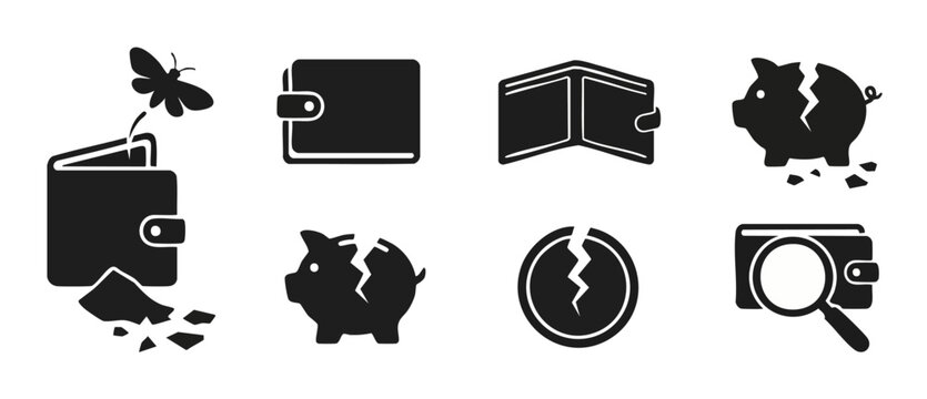 Empty wallet broken piggy bank financial loss icons set for business bankruptcy, debt, poverty, money saving failure, financial crisis, cash savings reduction, and bad economy concept on white.