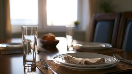 Fototapeta premium Minimalist dining table bathed in warm window light creates a serene and inviting lifestyle scene
