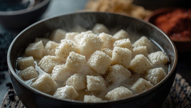 Steaming Cilok Snack Bowl Tapioca Flour Dumplings in Broth, Warm Light