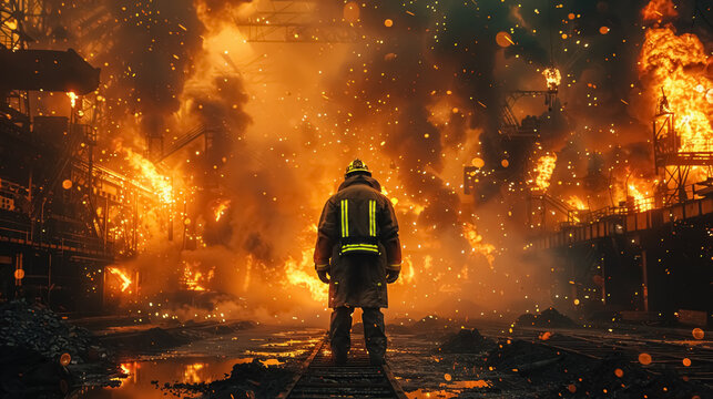Firefighter confronting massive steel factory explosion at night
