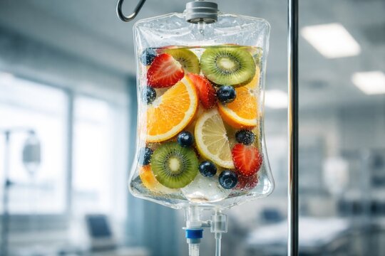 Close perspective on sliced fruits contained within a saline solution bag in hospital
