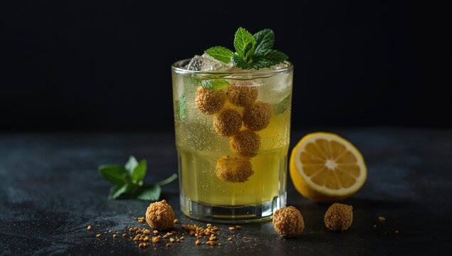 Chilled cumin flavored lemonade with mint and crispy boondi atop dark backdrop