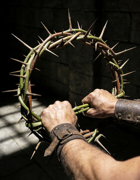 Cinematic macro shot of calloused hands wearing leather bracers actively twisting thick sharp thorny vines into a circular crown with dark copy space