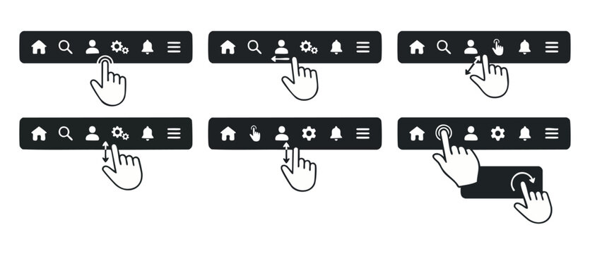 Touch screen gestures UI icon set for mobile app navigation bar. Hand interaction guide with tap swipe scroll pinch zoom instruction vector illustration on white background. Minimalist user interfaces
