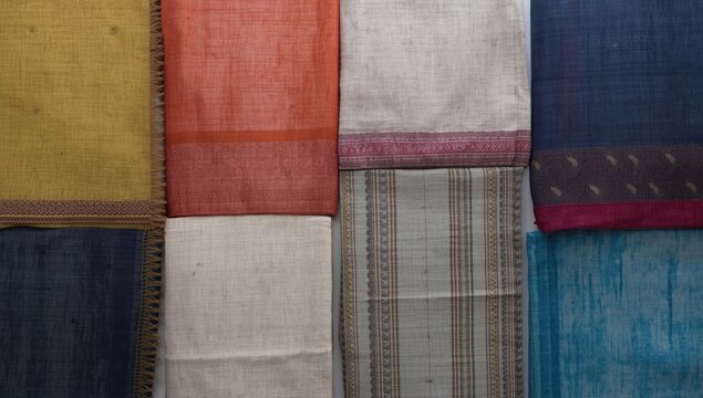 Array of khadi fabrics in multiple shades over a white base