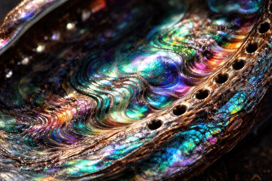Macro shot of abalone shell displaying radiant multicolored surface textures