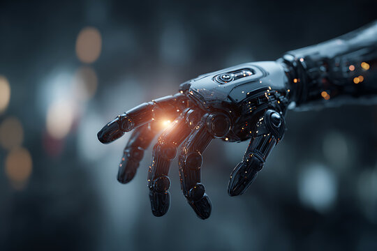 Close-up of a futuristic robotic hand reaching out with glowing lights.