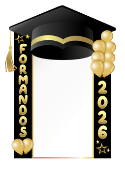Portal Formandos 2026, Graduation party photo booth design. Translation - Class of 2026, album template design with academic cap and balloons. Vector illustration