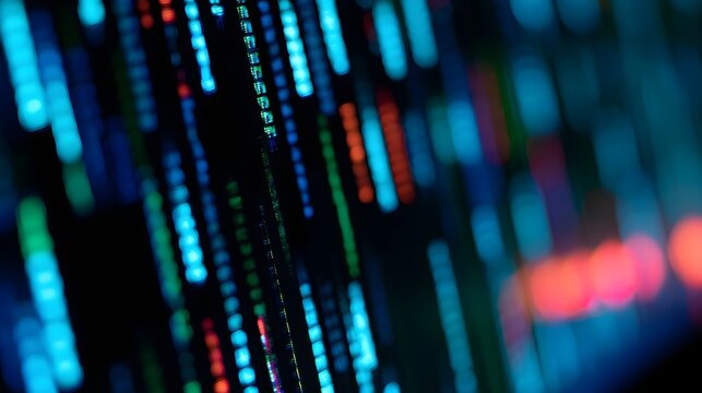 Abstract futuristic code lines glow with a cool neon light against a dark background representing digital technology and cyberspace