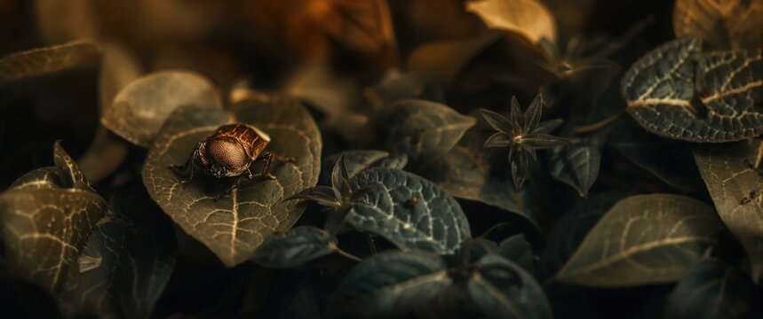 A lively shield bug from the stink bug family resting on dense jungle leaves