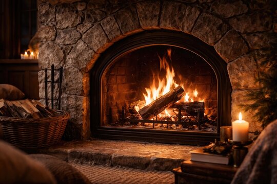 Fireplace with charming rounded firebox offering comforting winter light