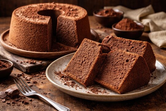 Chocolate chiffon cake and kue bolu coklat served for dessert