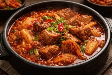 Fototapeta premium Savory Korean pork stew featuring fermented kimchi and tender meat
