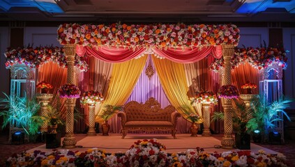 Fototapeta premium A traditional Indian wedding stage enhanced with colorful flowers and artistic decor