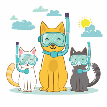 Three cartoon cats wearing snorkeling gear