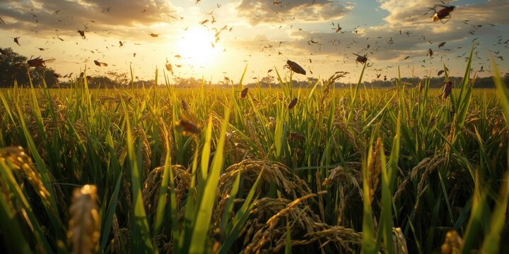 Brown planthopper outbreak damaging green rice crops