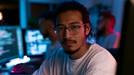 Fototapeta premium A focused man wearing glasses works in a modern high tech environment illuminated by dramatic blue lighting