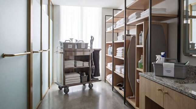 Efficient hotel service room designed for seamless guest comfort, equipped with a comprehensive housekeeping cart, storage for fresh towels, and cleaning essentials to ensure an immaculate environment