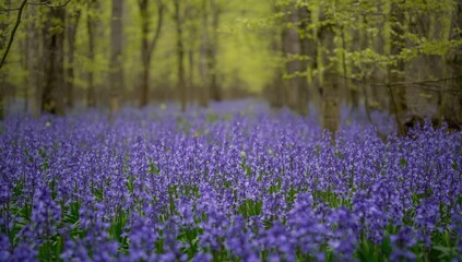 Obraz premium Bluebell Flowers Blooming in Spring Forest Vibrant Purple Carpet, Soft Light