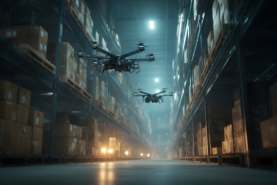 Futuristic Warehouse Automation with Drones and Robotic Systems.