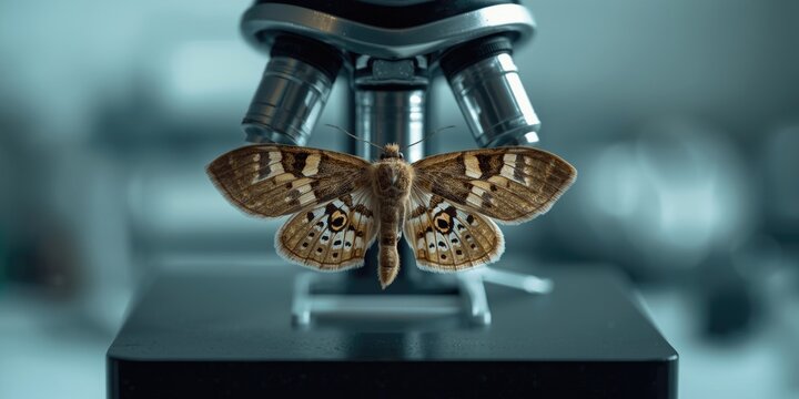 Bombyx Mori Moth Specimen Under Microscope Laboratory Setting, Detailed Close-Up, Scientific Exploration