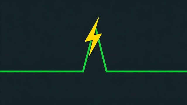 Flat green ECG line spiking with bright yellow lightning bolt symbol on dark background.