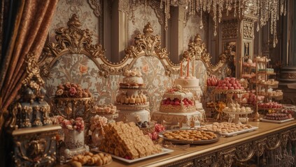 Obraz premium Celebratory nuptial furnishings enhancing a festive dessert arrangement with ornamental details