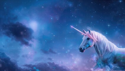 Obraz premium Celestial holographic wallpaper with undulating sky and radiant stars alongside magical unicorns