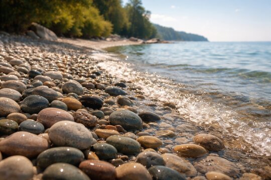 Smooth stones lining the shore with quiet wavelets on a sunny summer day