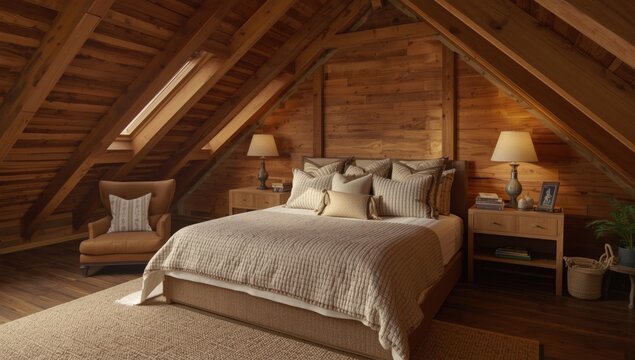 Attic bedroom design featuring a huge bed with numerous pillows and wood finished interior