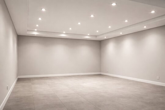 Well lit empty room with a contemporary suspended ceiling and built in halogen spotlight fixtures