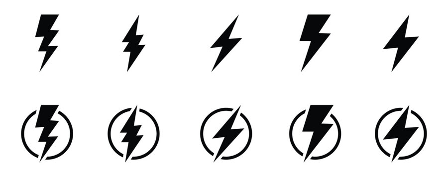 Lightning Bolt Silhouette Vector Set with Electric Flash Symbols Thunder Icons and Energy Design Elements. Various black lightning bolt icons within circles on a white background.