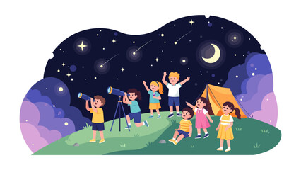 Naklejka premium Celestial Explorers: A group of happy children gather under a starry night sky, gazing through telescopes at the crescent moon and shooting stars, experiencing the wonder of the cosmos.
