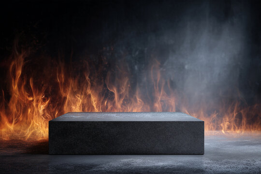 Black Stone Podium Against a Dark Wall in Flames Background, Cinematic 3D Mockup with Fire and Smoke, Luxury Product Display Pedestal with Hellish Dramatic Lighting