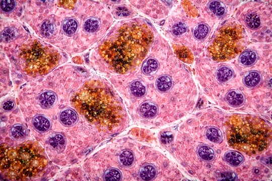Detailed liver tissue slide emphasizing hepatocyte polyploidy and bile pigment accumulation