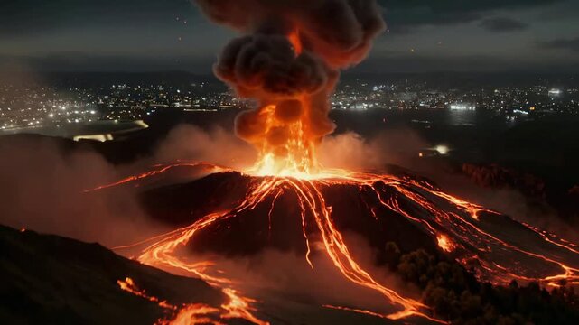 A volcanic eruption with glowing lava flowing down dark rocky terrain under a dramatic smoky sky.