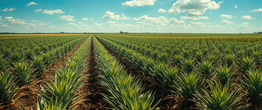 Birds eye view of flourishing pineapple fields with green rows stretching under a clear blue sky marking planting season