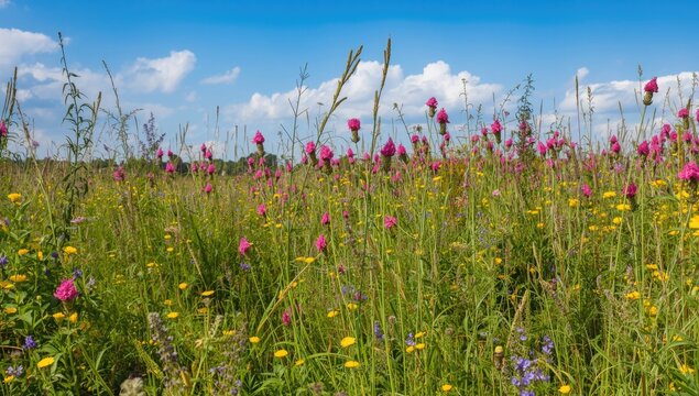 Bright summer field of pink sainfoin flowering alongside colorful wild plants