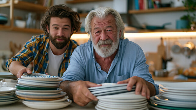 Adult son helping aging father sort kitchen items into keep and donate piles on countertop, warm indoor lighting, generations navigating downsizing process together, stacks of plates and cookware mi