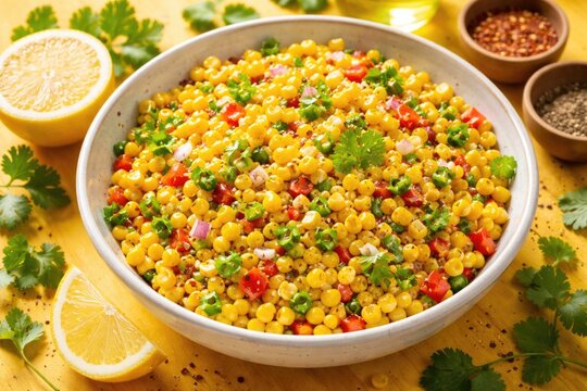 Organic sweet corn salad tossed with fresh lemon juice and spices, garnished with coriander on a lively yellow background