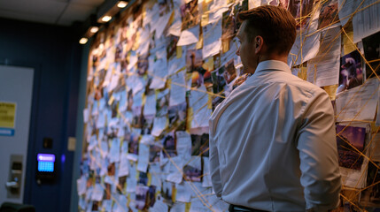Obraz premium Classified briefing room wall covered in pinned documents, photographs, and connecting strings forming investigative network analysis display, single analyst standing with back to viewer studying ma