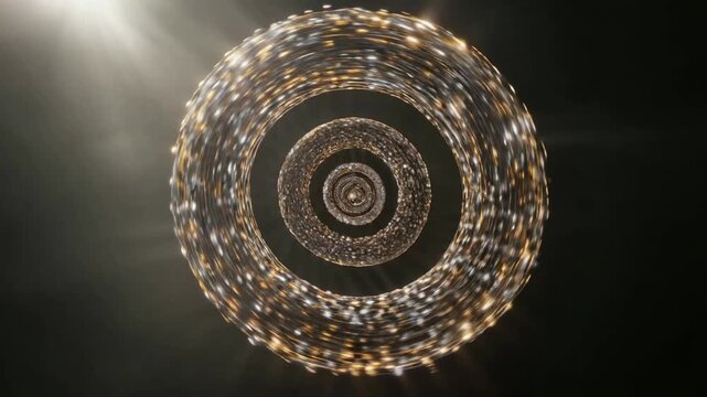 A mesmerizing spiral pattern of glowing lights radiates against a dark background, creating a hypnotic and dynamic visual effect.